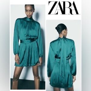 NWT Zara Satin Effect Mini Dress Sz Small Teal Blue Pleated Tie Back